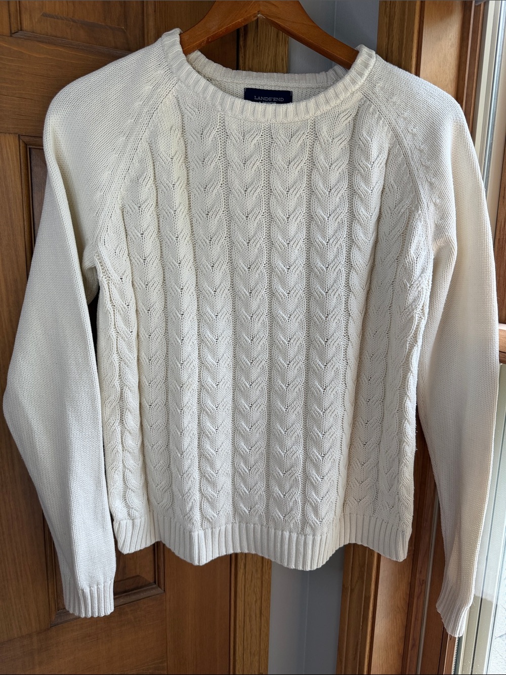 Lands' End Drifter Classic Cable Knit Crewneck Sweater - Ivory/Cream - Size MP